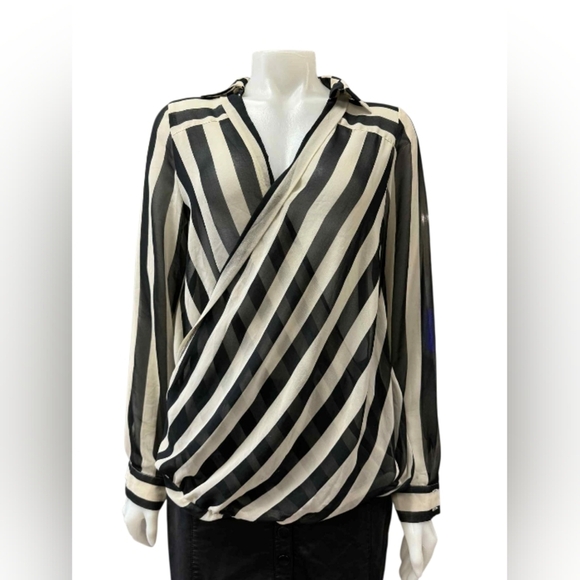 Guess Sheer Long Sleeve Top Striped Creme Black Size Medium EUC - Picture 1 of 9